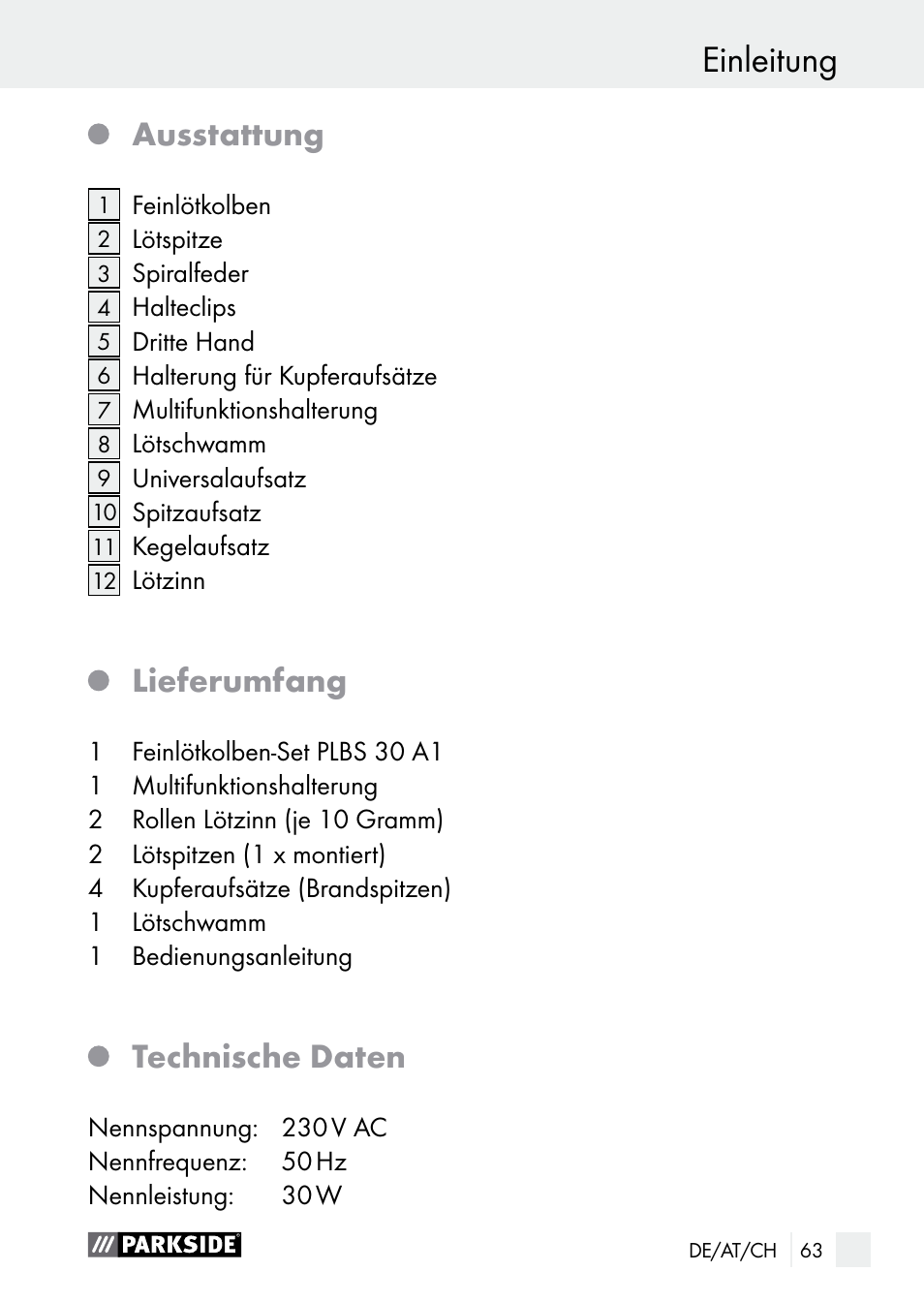 Einleitung, Ausstattung, Lieferumfang | Technische daten | Parkside PLBS 30 A1 User Manual | Page 63 / 75