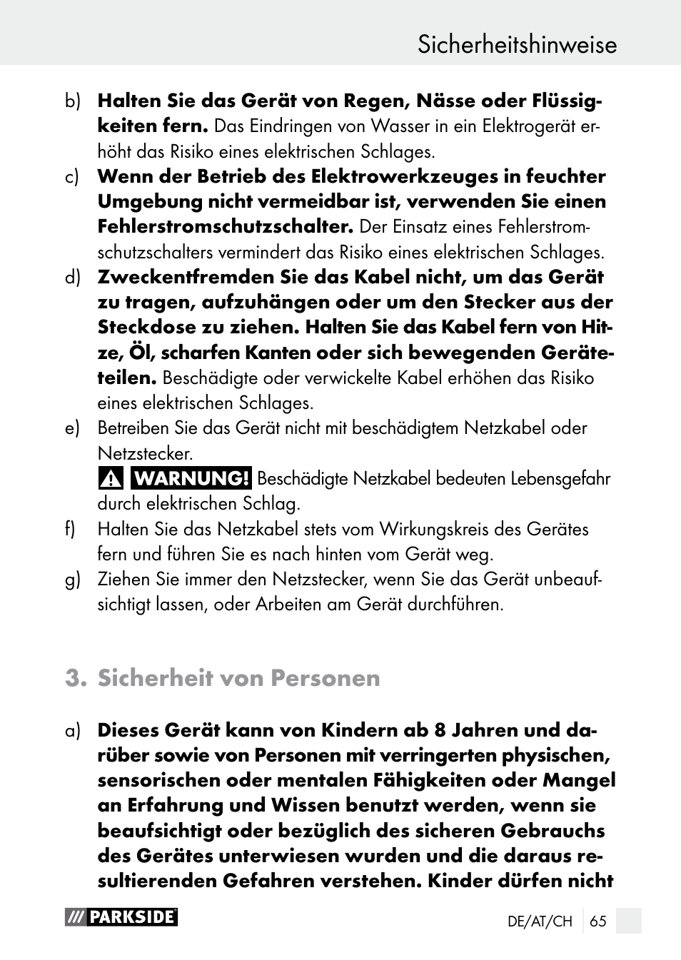 Sicherheitshinweise, Sicherheit von personen | Parkside PLBS 30 A1 User Manual | Page 65 / 75