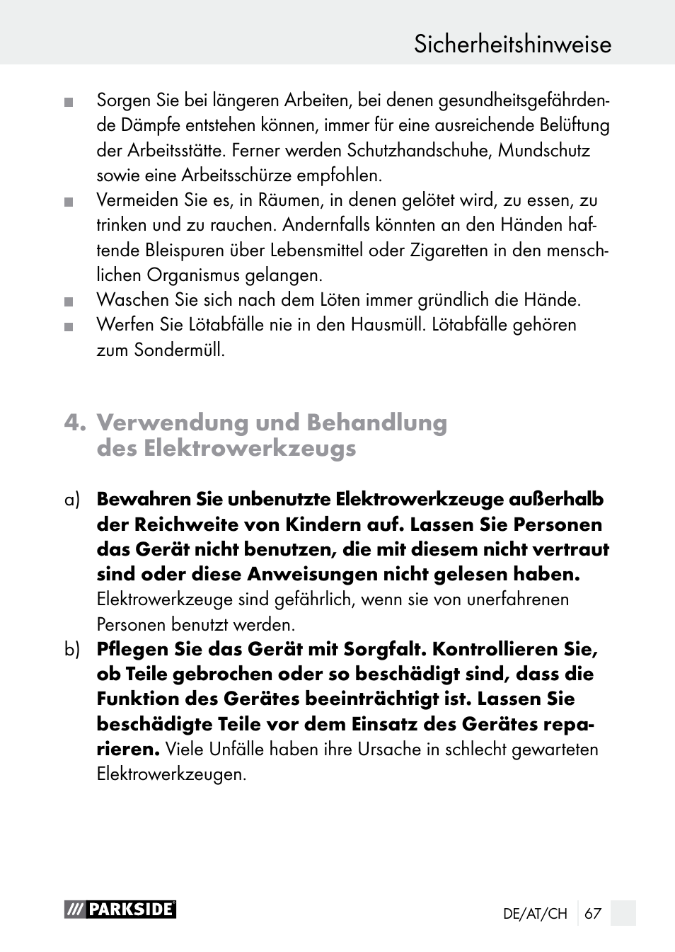 Sicherheitshinweise, Verwendung und behandlung des elektrowerkzeugs | Parkside PLBS 30 A1 User Manual | Page 67 / 75
