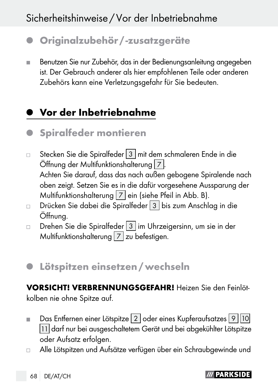 Originalzubehör / -zusatzgeräte, Vor der inbetriebnahme, Spiralfeder montieren | Lötspitzen einsetzen / wechseln | Parkside PLBS 30 A1 User Manual | Page 68 / 75