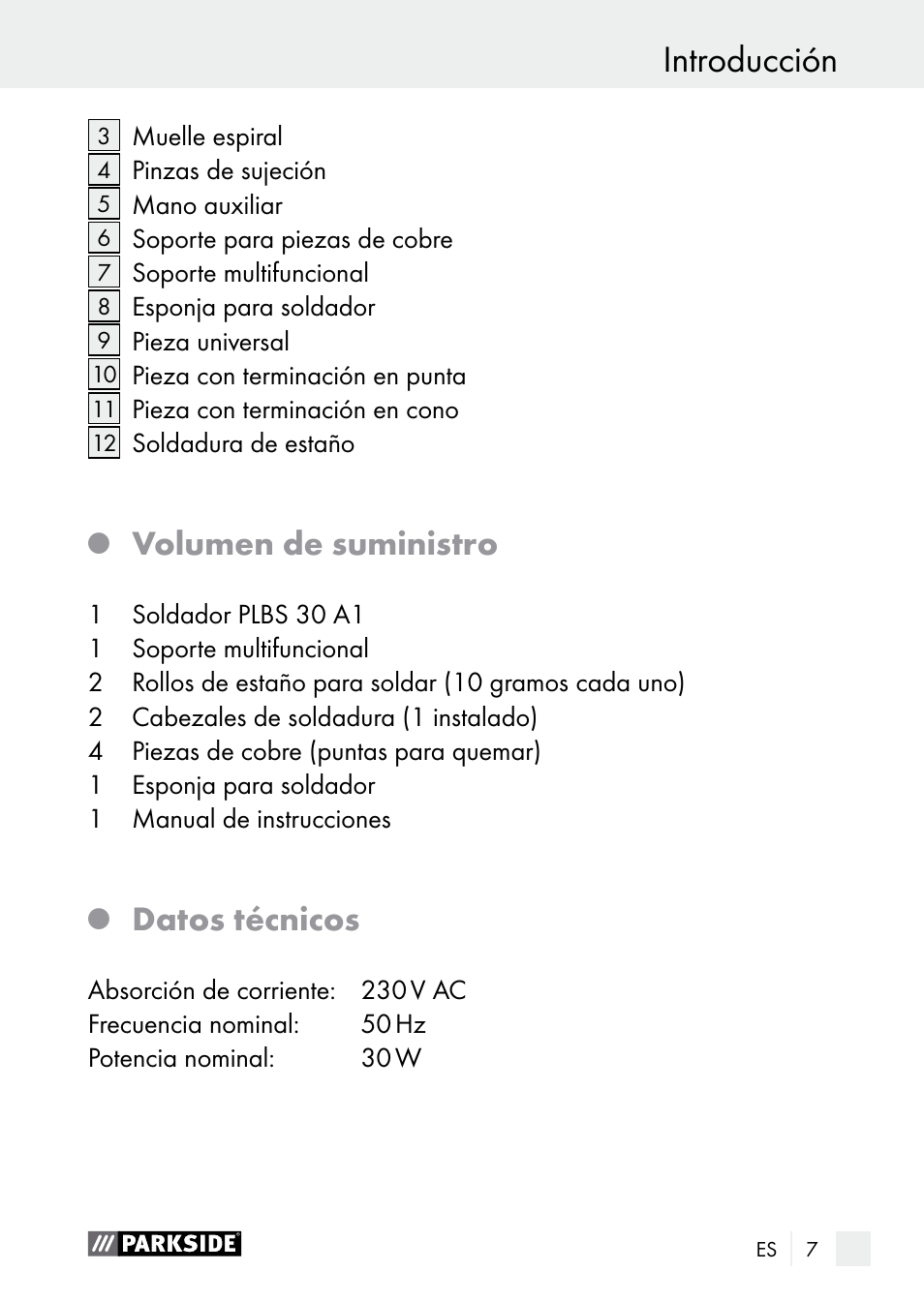 Introducción, Volumen de suministro, Datos técnicos | Parkside PLBS 30 A1 User Manual | Page 7 / 75