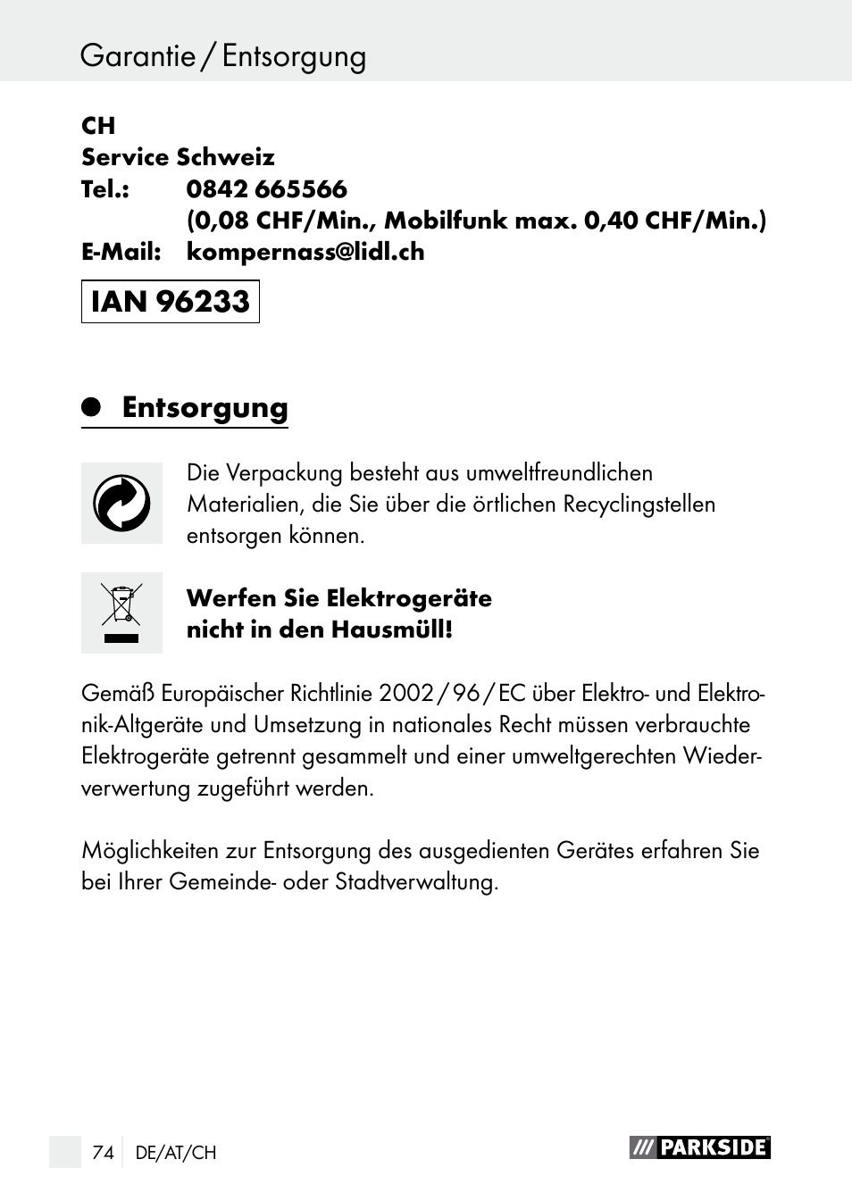 Garantie / entsorgung, Entsorgung | Parkside PLBS 30 A1 User Manual | Page 74 / 75