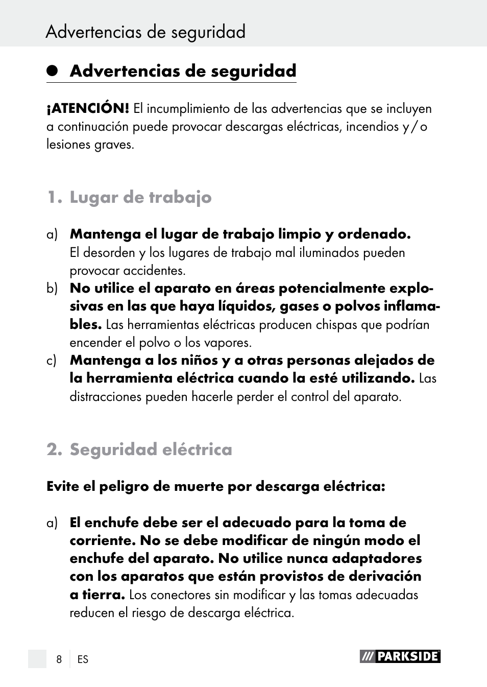 Advertencias de seguridad, Lugar de trabajo, Seguridad eléctrica | Parkside PLBS 30 A1 User Manual | Page 8 / 75