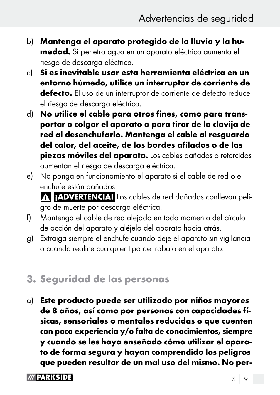 Advertencias de seguridad, Seguridad de las personas | Parkside PLBS 30 A1 User Manual | Page 9 / 75