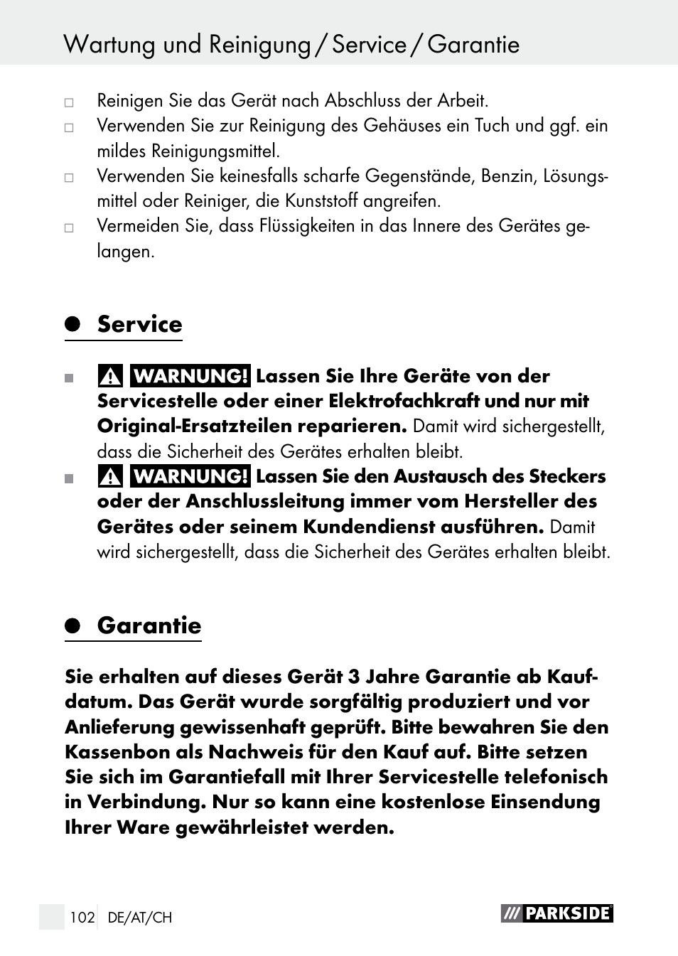 Service, Garantie | Parkside PLBS 30 A1 User Manual | Page 102 / 105