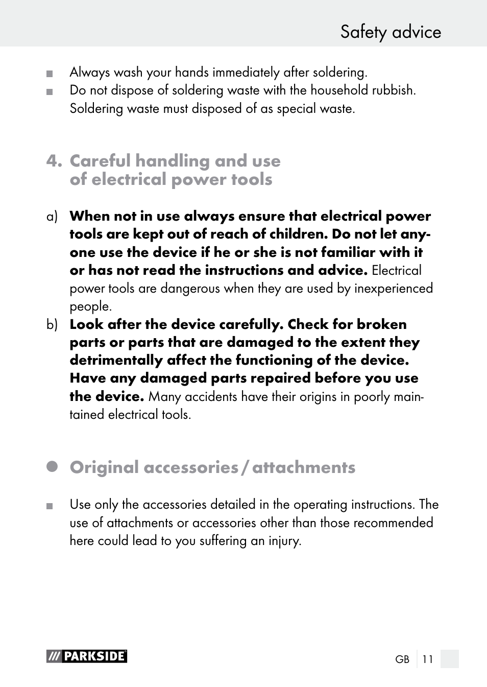 Safety advice, Careful handling and use of electrical power tools, Original accessories / attachments | Parkside PLBS 30 A1 User Manual | Page 11 / 105