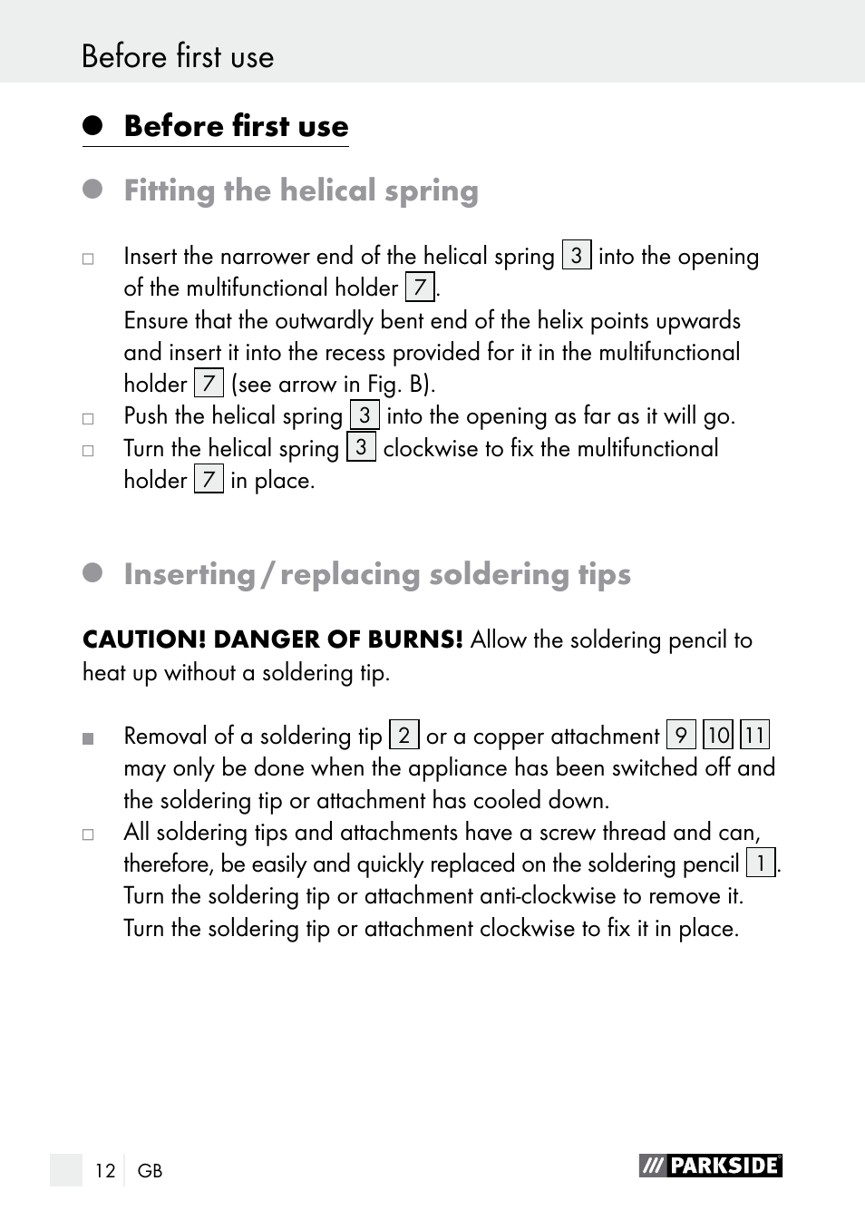 Operation before first use, Before first use, Fitting the helical spring | Inserting / replacing soldering tips | Parkside PLBS 30 A1 User Manual | Page 12 / 105
