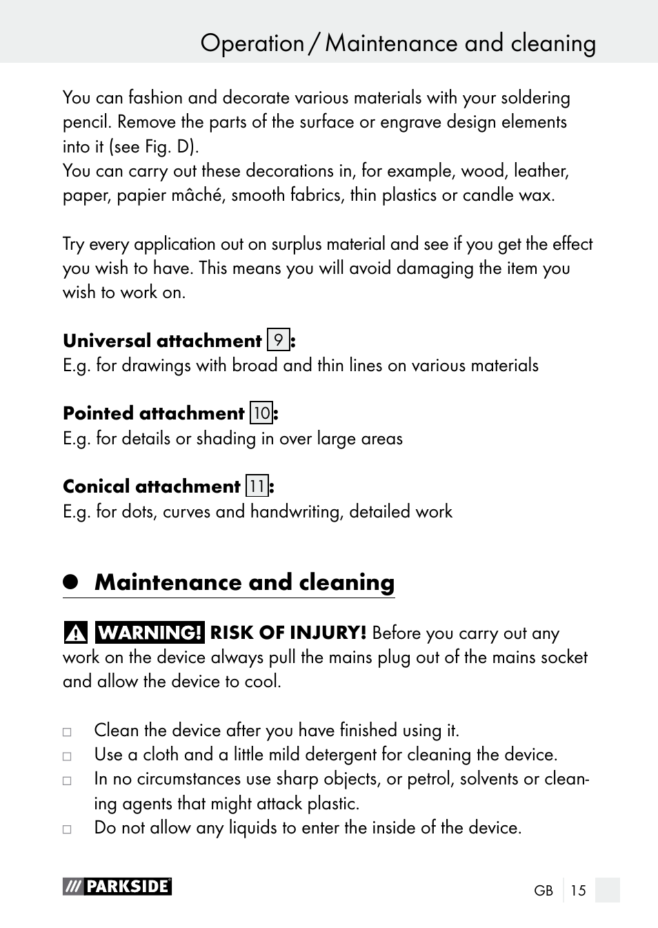 Operation / maintenance and cleaning operation, Maintenance and cleaning | Parkside PLBS 30 A1 User Manual | Page 15 / 105