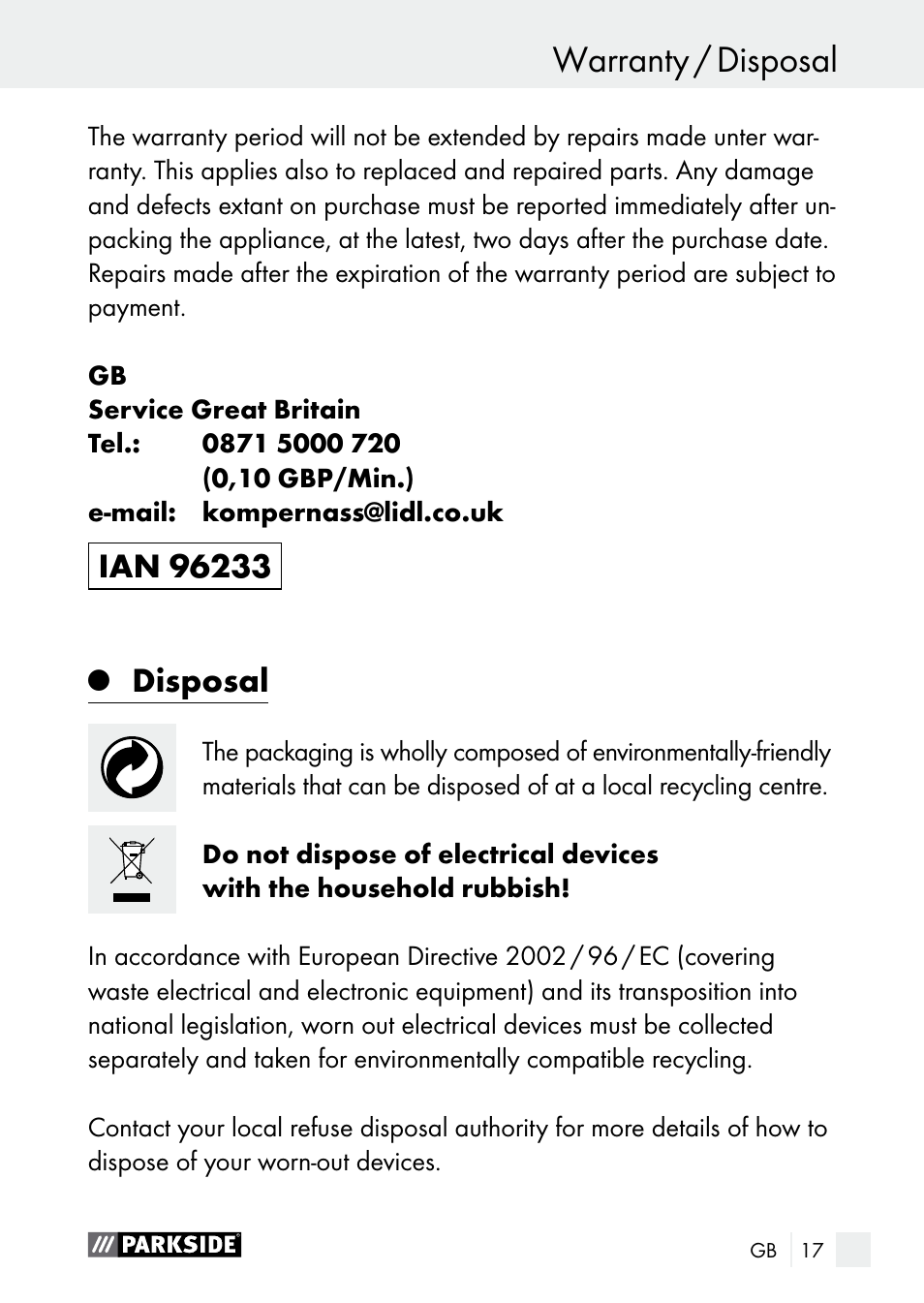 Warranty / disposal service centre / warranty, Disposal | Parkside PLBS 30 A1 User Manual | Page 17 / 105