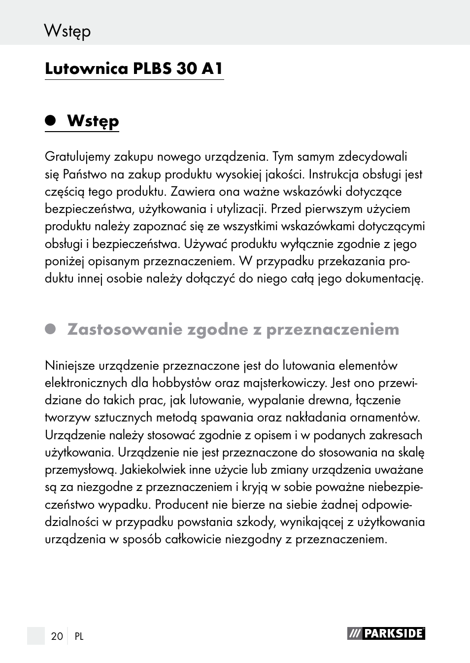 Lutownica plbs 30 a1, Wstęp, Zastosowanie zgodne z przeznaczeniem | Parkside PLBS 30 A1 User Manual | Page 20 / 105