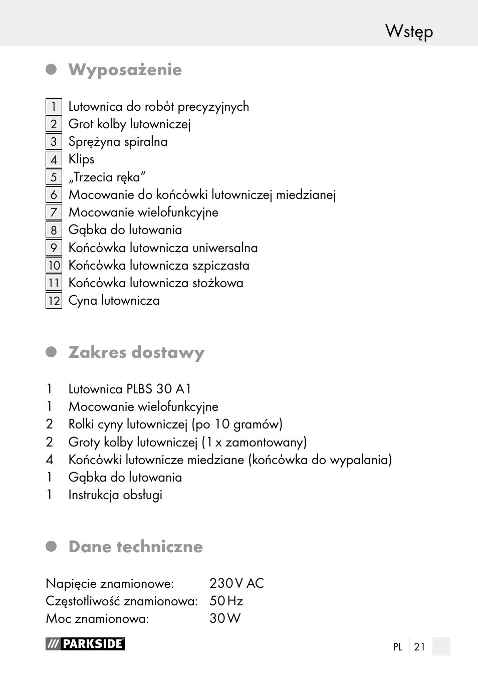 Wstęp, Wyposażenie, Zakres dostawy | Dane techniczne | Parkside PLBS 30 A1 User Manual | Page 21 / 105