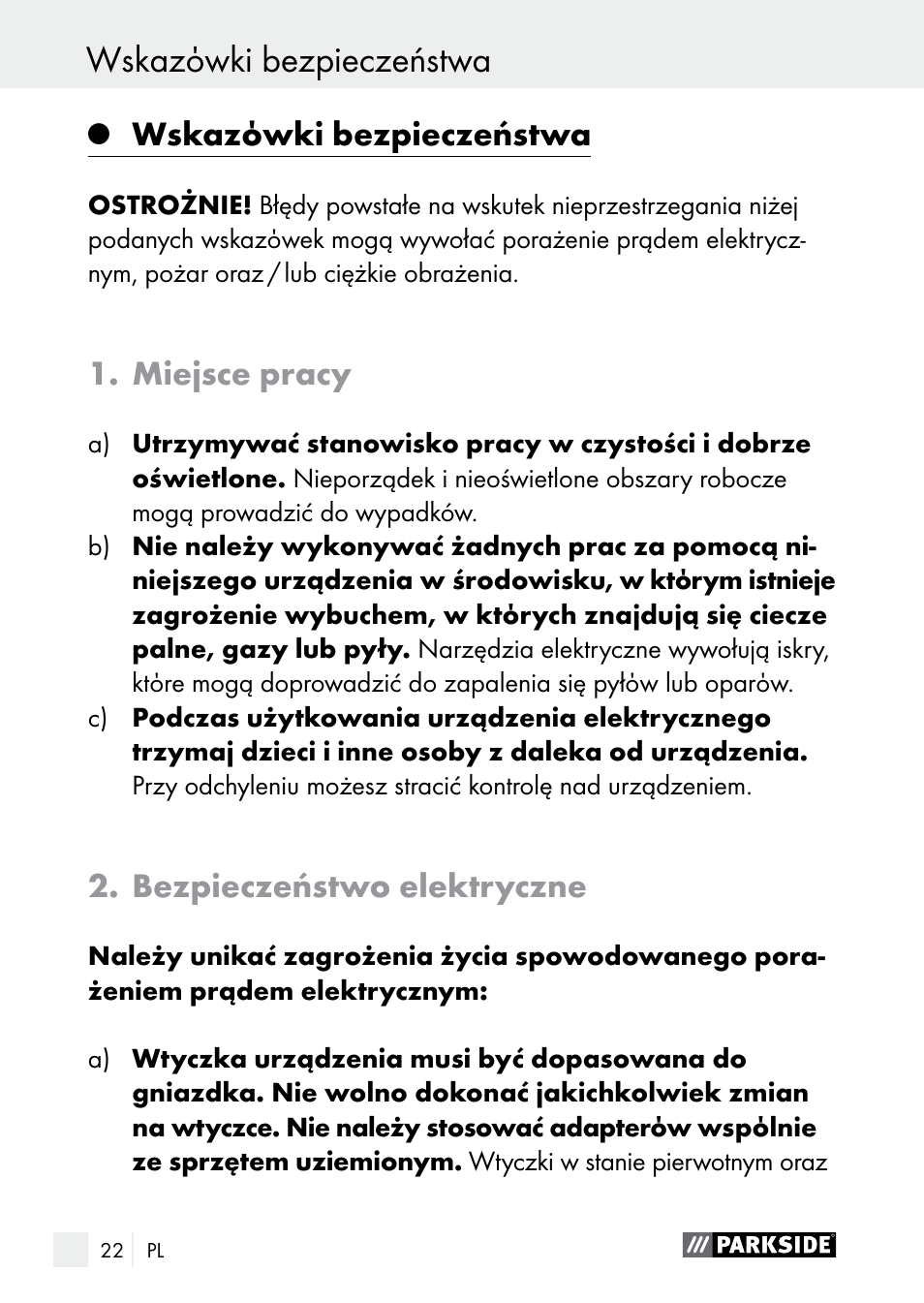 Wskazόwki bezpieczeństwa, Miejsce pracy, Bezpieczeństwo elektryczne | Parkside PLBS 30 A1 User Manual | Page 22 / 105