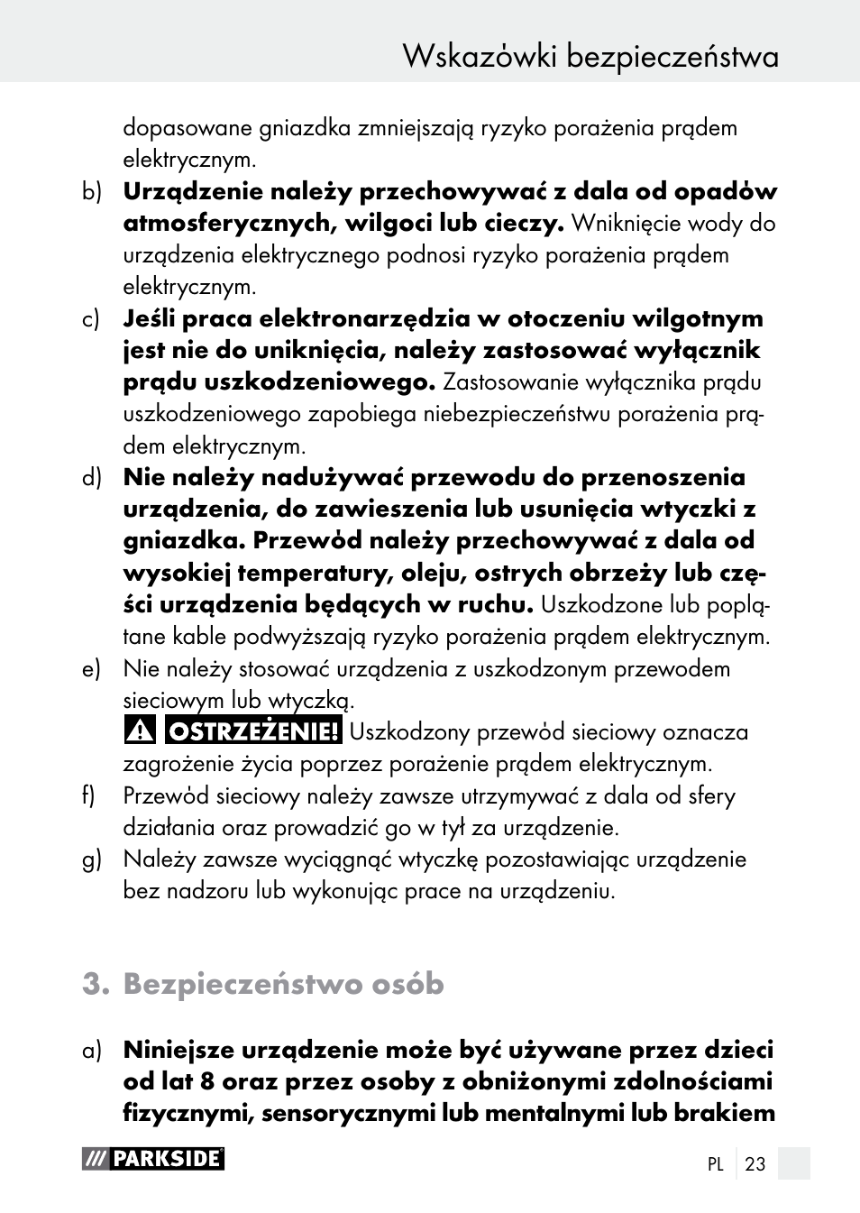 Wskazόwki bezpieczeństwa, Bezpieczeństwo osób | Parkside PLBS 30 A1 User Manual | Page 23 / 105