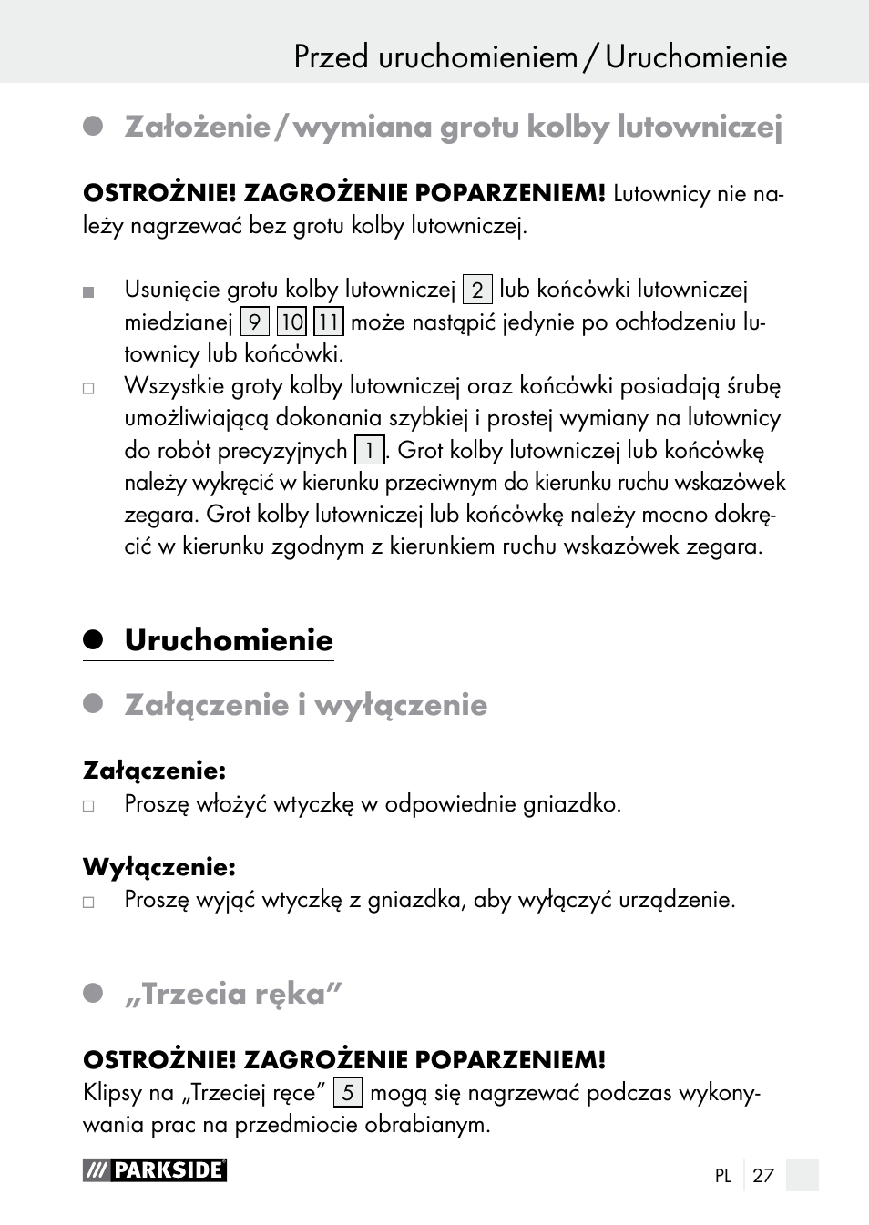 Założenie / wymiana grotu kolby lutowniczej, Uruchomienie, Załączenie i wyłączenie | Trzecia ręka | Parkside PLBS 30 A1 User Manual | Page 27 / 105