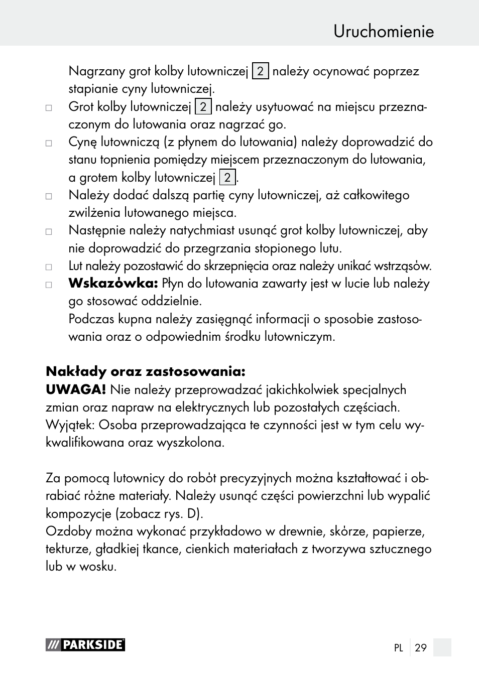 Uruchomienie | Parkside PLBS 30 A1 User Manual | Page 29 / 105