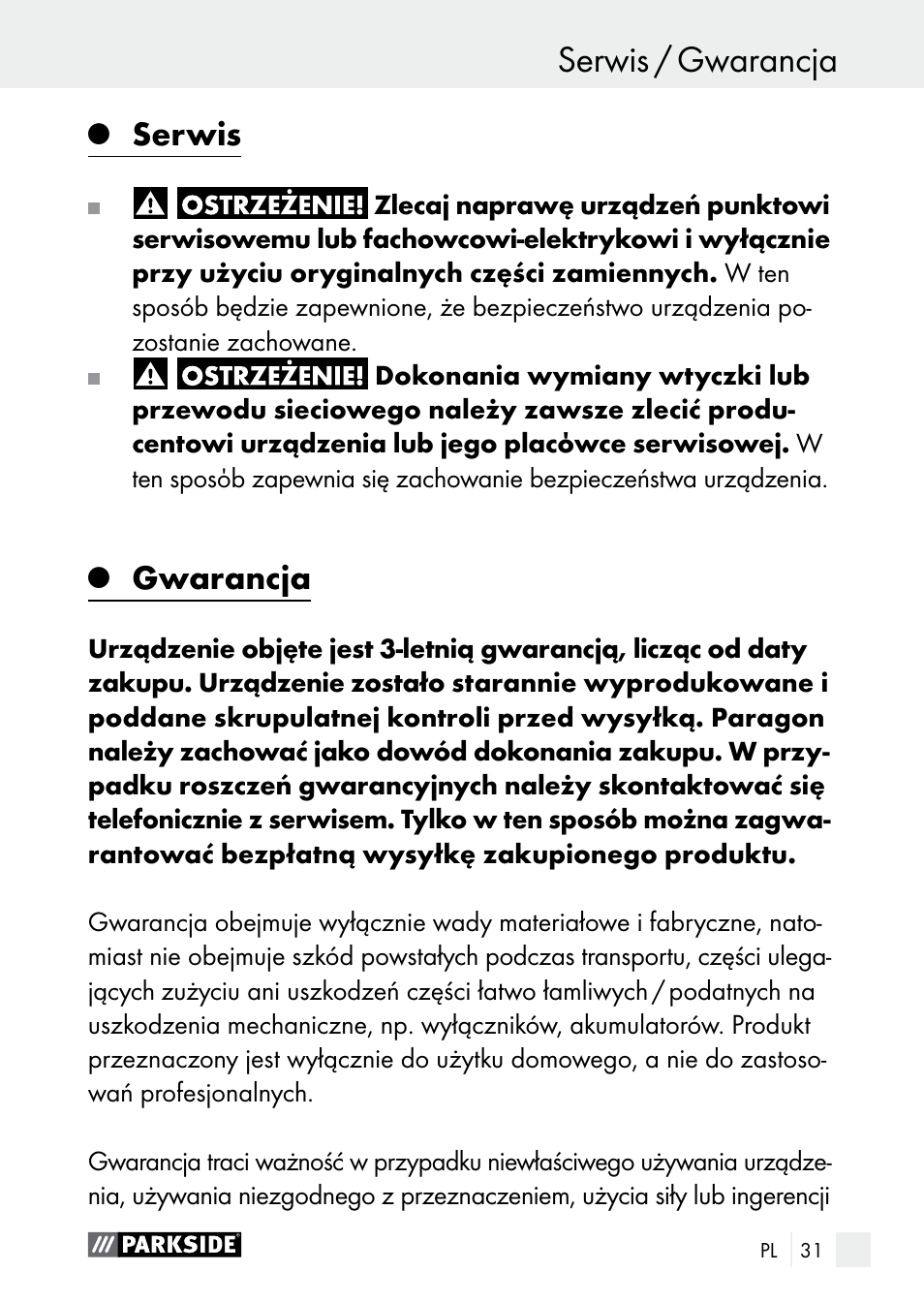 Serwis, Gwarancja | Parkside PLBS 30 A1 User Manual | Page 31 / 105