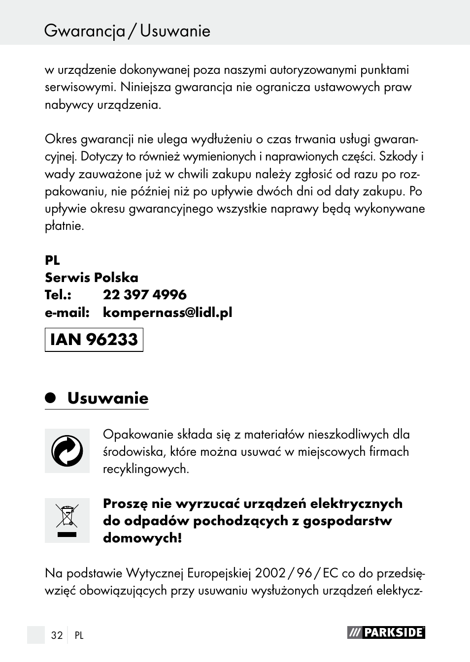 Usuwanie gwarancja / usuwanie, Usuwanie | Parkside PLBS 30 A1 User Manual | Page 32 / 105
