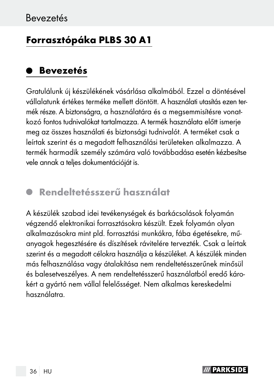 Bevezetés | Parkside PLBS 30 A1 User Manual | Page 36 / 105