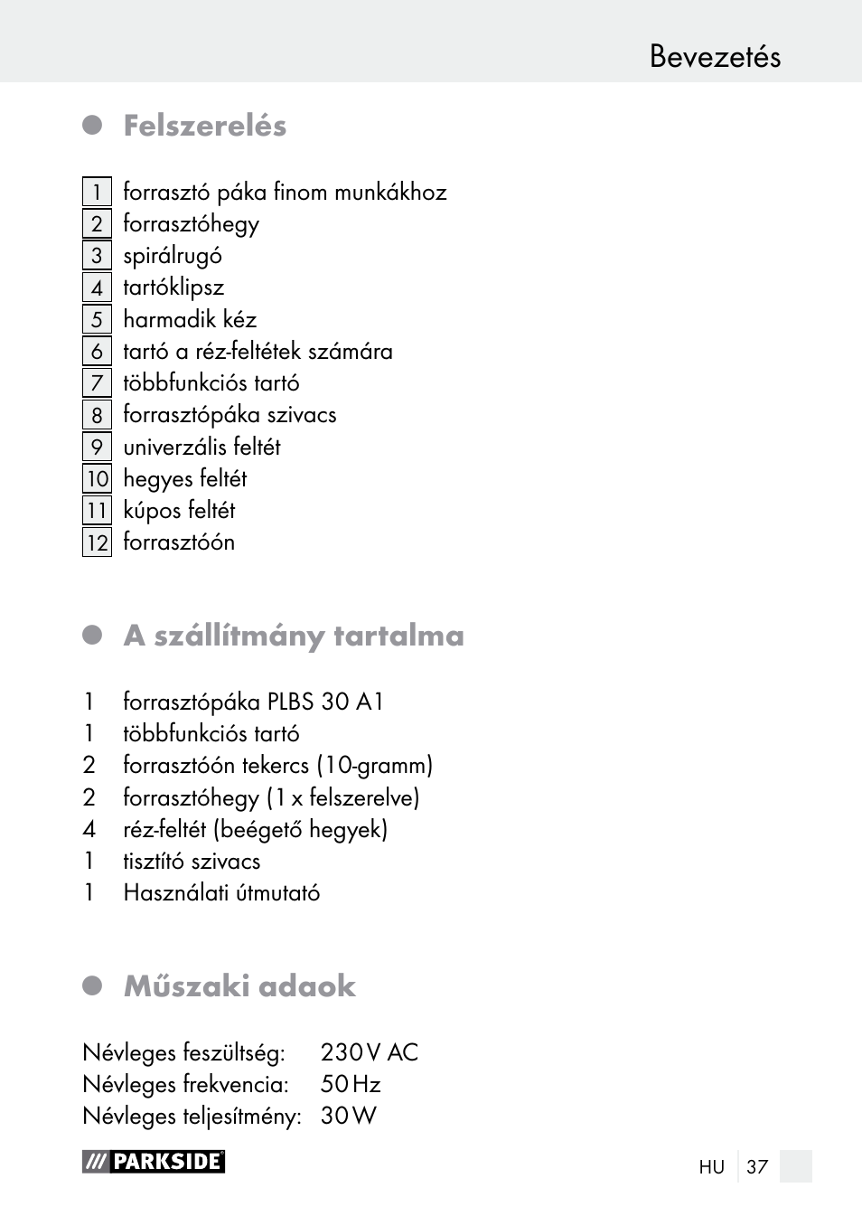 Bevezetés, Felszerelés, A szállítmány tartalma | Műszaki adaok | Parkside PLBS 30 A1 User Manual | Page 37 / 105
