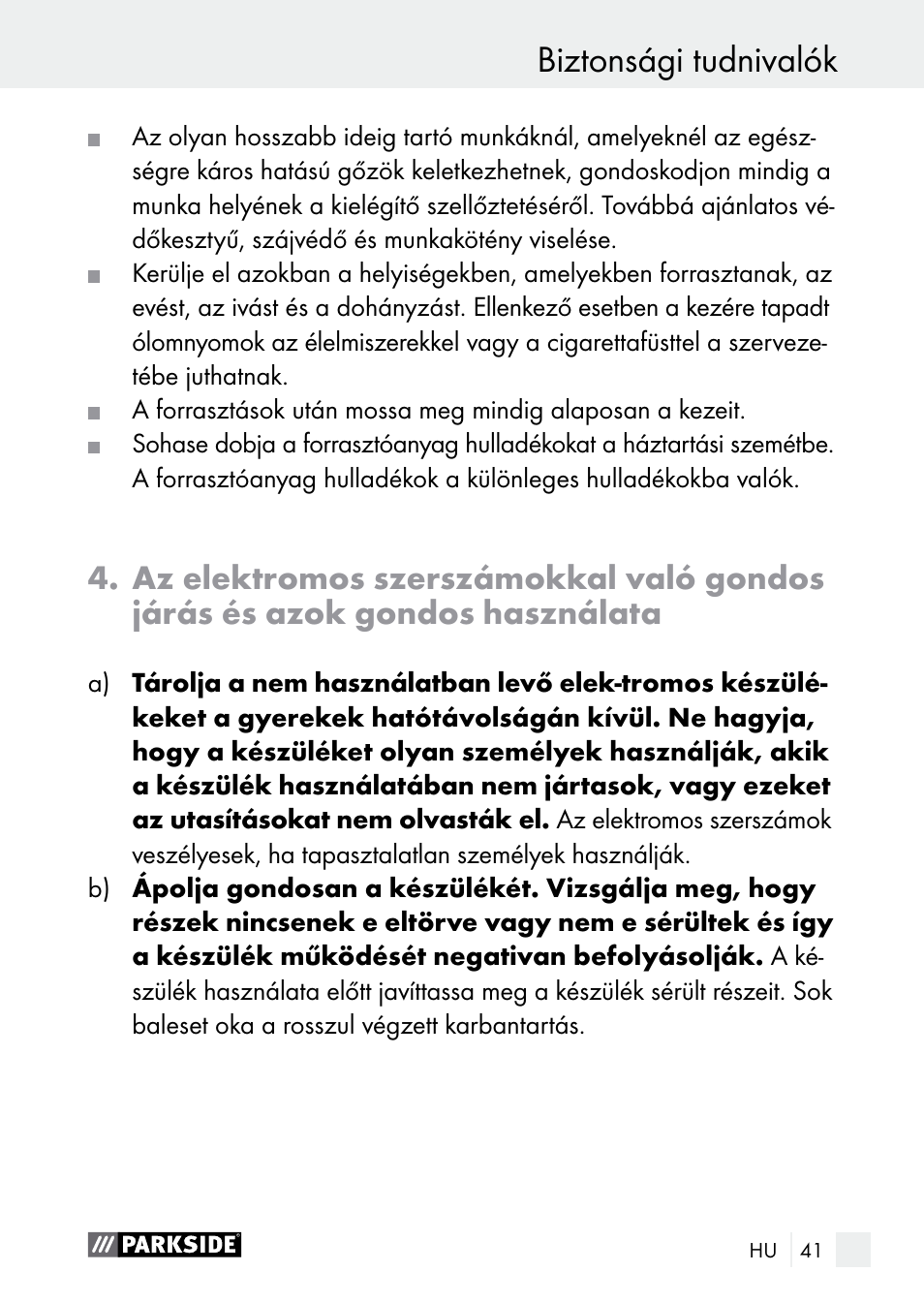 Biztonsági tudnivalók | Parkside PLBS 30 A1 User Manual | Page 41 / 105