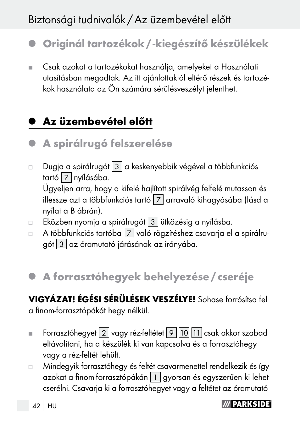 Originál tartozékok / ­kiegészítő készülékek, Az üzembevétel előtt, A spirálrugó felszerelése | A forrasztóhegyek behelyezése / cseréje | Parkside PLBS 30 A1 User Manual | Page 42 / 105