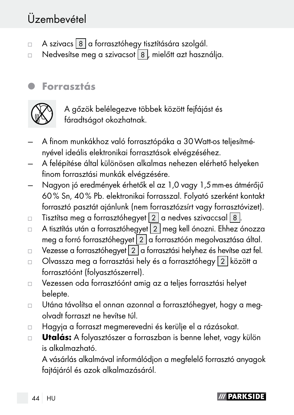 Üzembevétel, Forrasztás | Parkside PLBS 30 A1 User Manual | Page 44 / 105