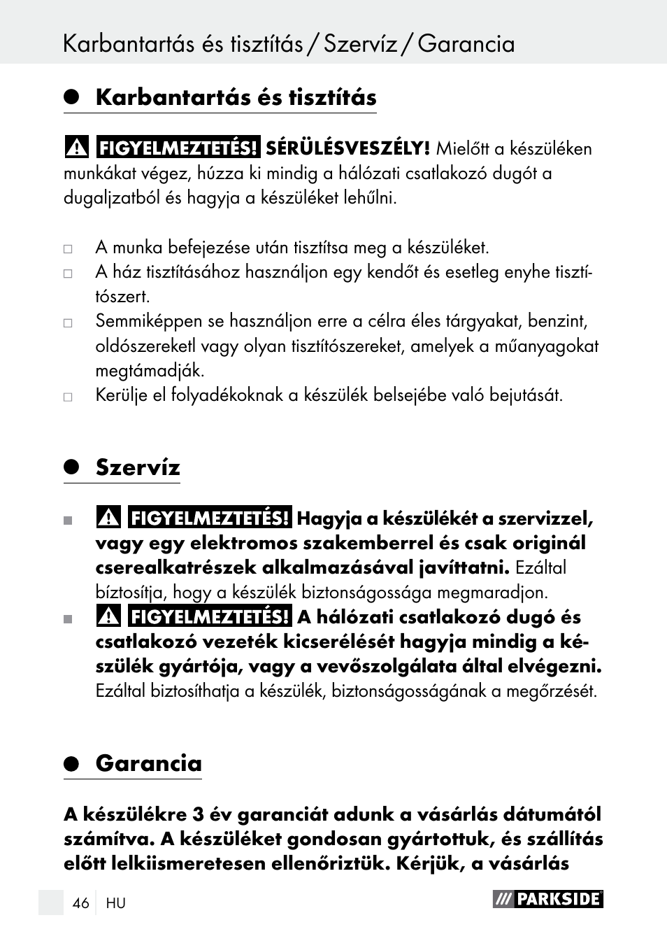 Karbantartás és tisztítás, Szervíz, Garancia | Parkside PLBS 30 A1 User Manual | Page 46 / 105