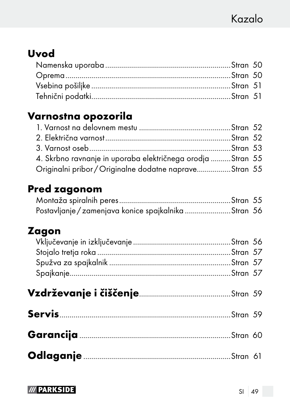 Mentesítés, Kazalo | Parkside PLBS 30 A1 User Manual | Page 49 / 105