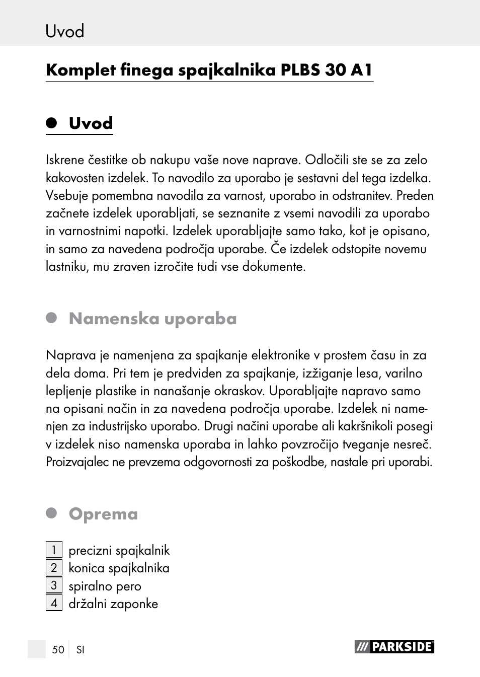 Uvod, Komplet finega spajkalnika plbs 30 a1, Namenska uporaba | Oprema | Parkside PLBS 30 A1 User Manual | Page 50 / 105