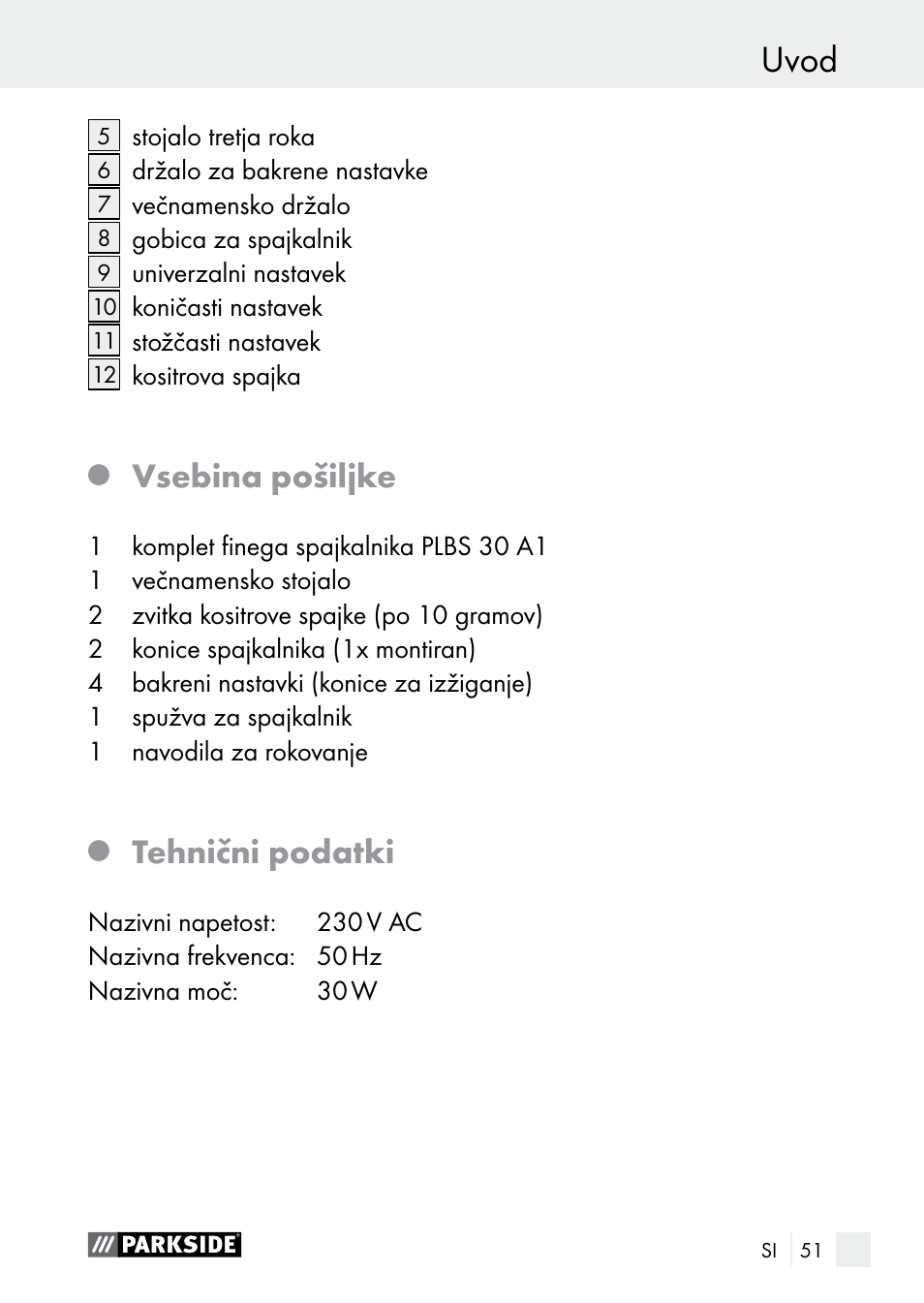 Uvod, Vsebina pošiljke, Tehnični podatki | Parkside PLBS 30 A1 User Manual | Page 51 / 105