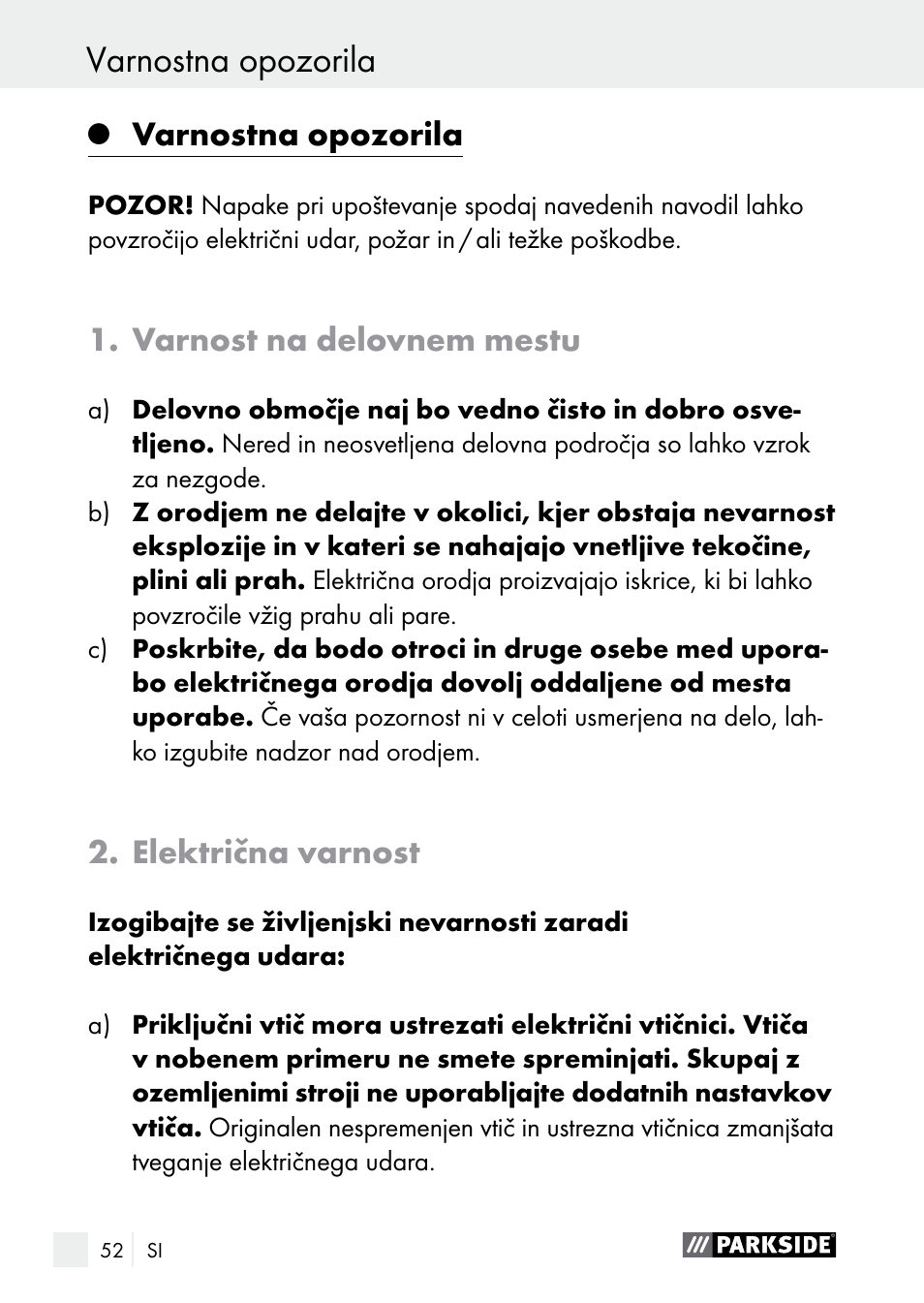 Varnostna opozorila, Varnost na delovnem mestu, Električna varnost | Parkside PLBS 30 A1 User Manual | Page 52 / 105