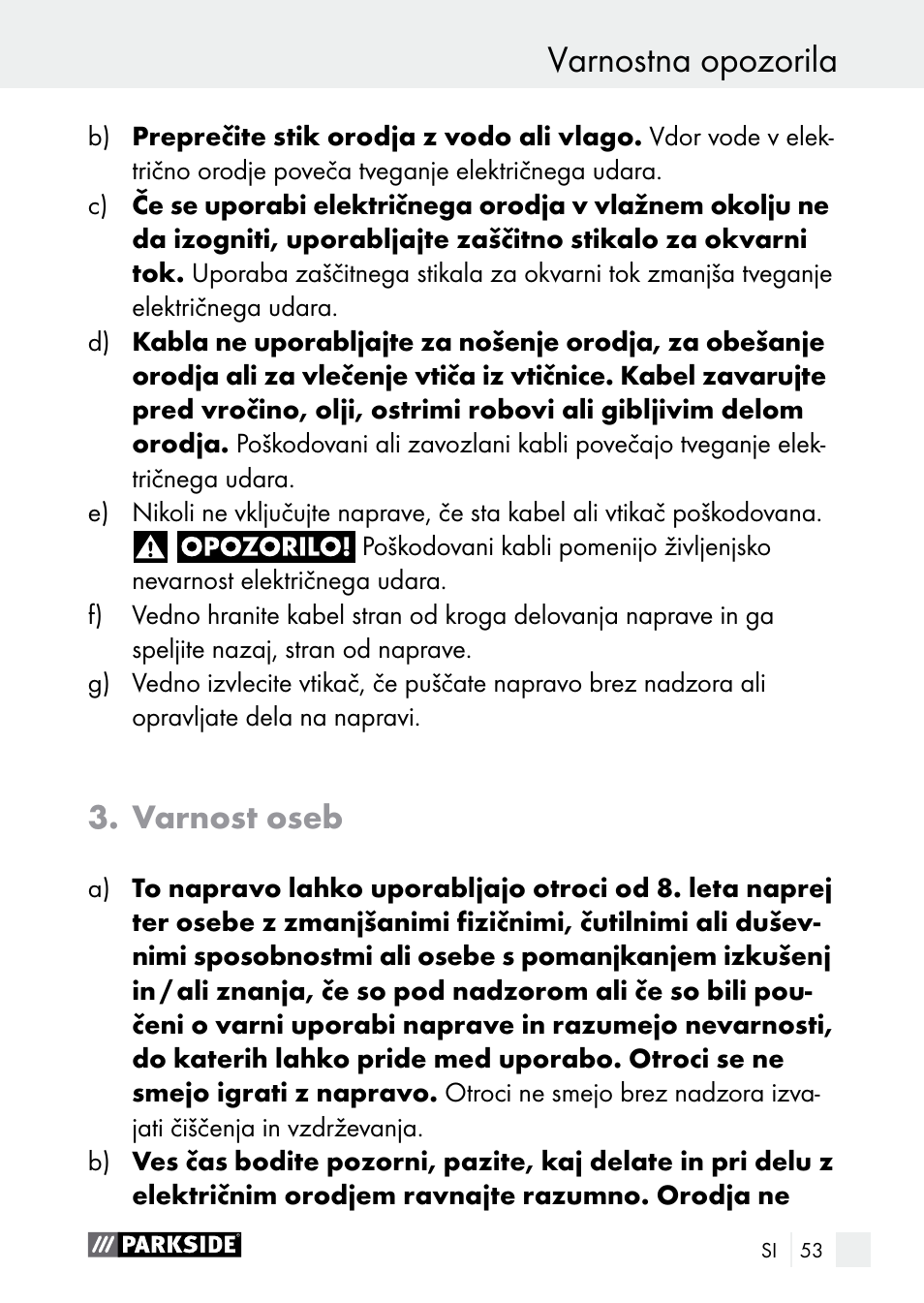 Varnostna opozorila, Varnost oseb | Parkside PLBS 30 A1 User Manual | Page 53 / 105