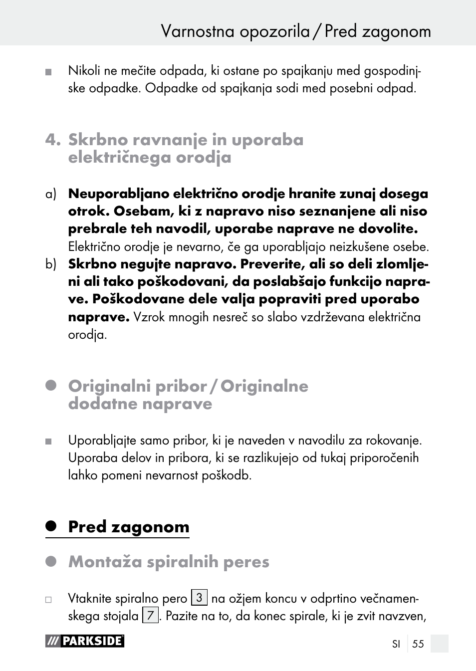 Skrbno ravnanje in uporaba električnega orodja, Originalni pribor / originalne dodatne naprave, Pred zagonom | Montaža spiralnih peres | Parkside PLBS 30 A1 User Manual | Page 55 / 105