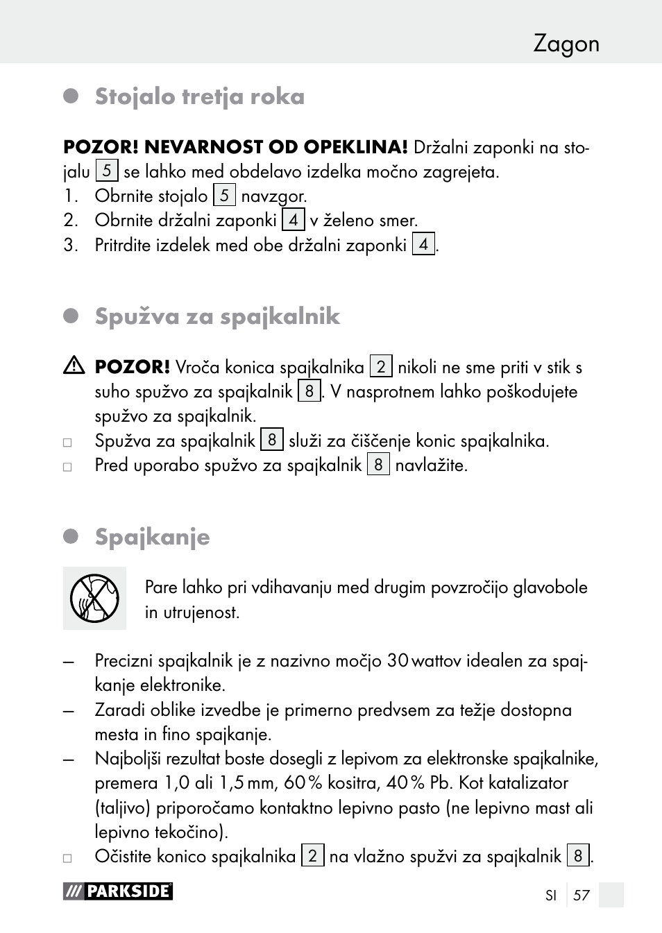 Zagon pred zagonom / zagon, Stojalo tretja roka, Spužva za spajkalnik | Spajkanje | Parkside PLBS 30 A1 User Manual | Page 57 / 105