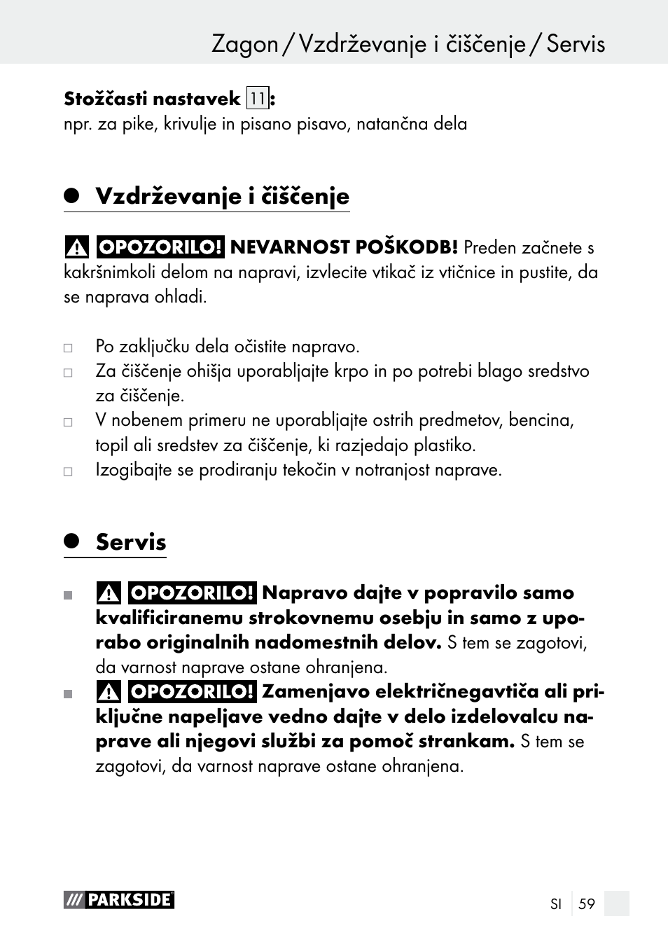 Zagon / vzdrževanje i čiščenje / servis zagon, Vzdrževanje i čiščenje, Servis | Parkside PLBS 30 A1 User Manual | Page 59 / 105