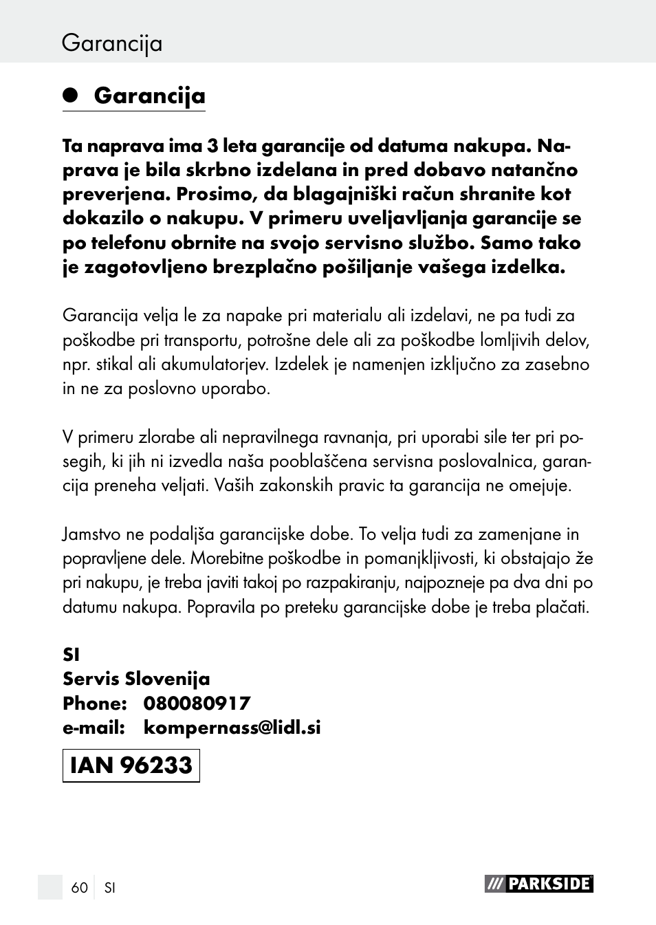 Odlaganje garancija, Garancija | Parkside PLBS 30 A1 User Manual | Page 60 / 105