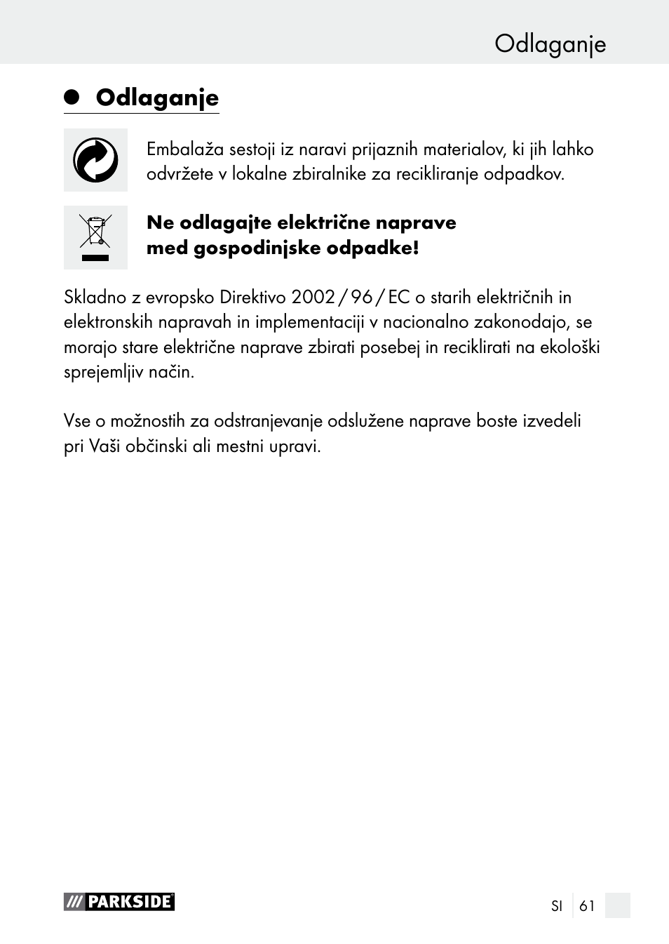 Odlaganje garancija, Odlaganje | Parkside PLBS 30 A1 User Manual | Page 61 / 105