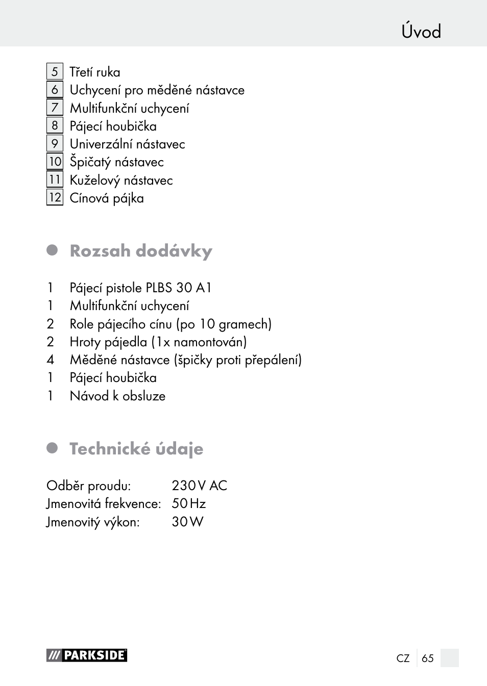 Úvod, Rozsah dodávky, Technické údaje | Parkside PLBS 30 A1 User Manual | Page 65 / 105