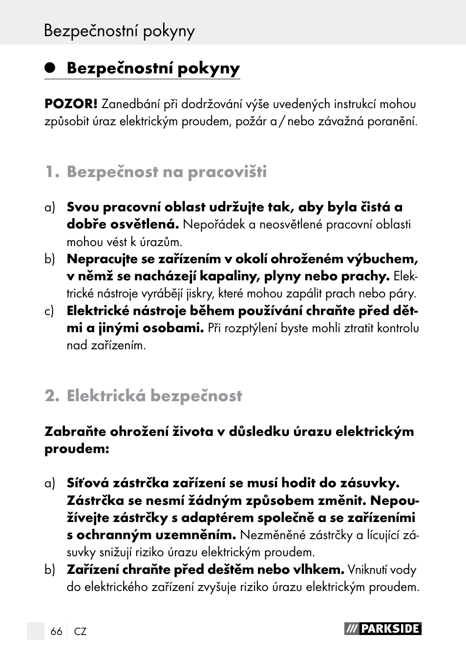 Bezpečnostní pokyny, Bezpečnost na pracovišti, Elektrická bezpečnost | Parkside PLBS 30 A1 User Manual | Page 66 / 105