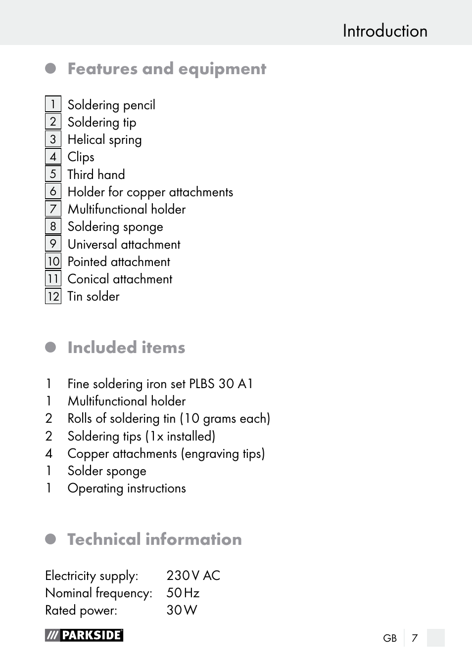 Introduction, Features and equipment, Included items | Technical information | Parkside PLBS 30 A1 User Manual | Page 7 / 105
