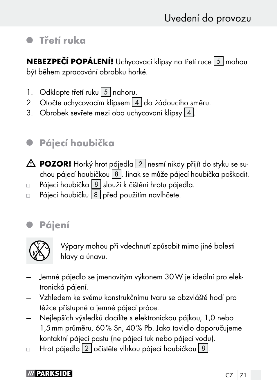 Třetí ruka, Pájecí houbička, Pájení | Parkside PLBS 30 A1 User Manual | Page 71 / 105