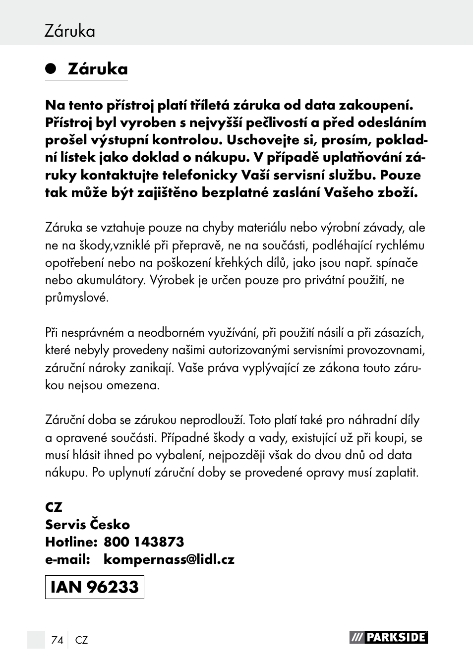 Záruka, Zlikvidování | Parkside PLBS 30 A1 User Manual | Page 74 / 105