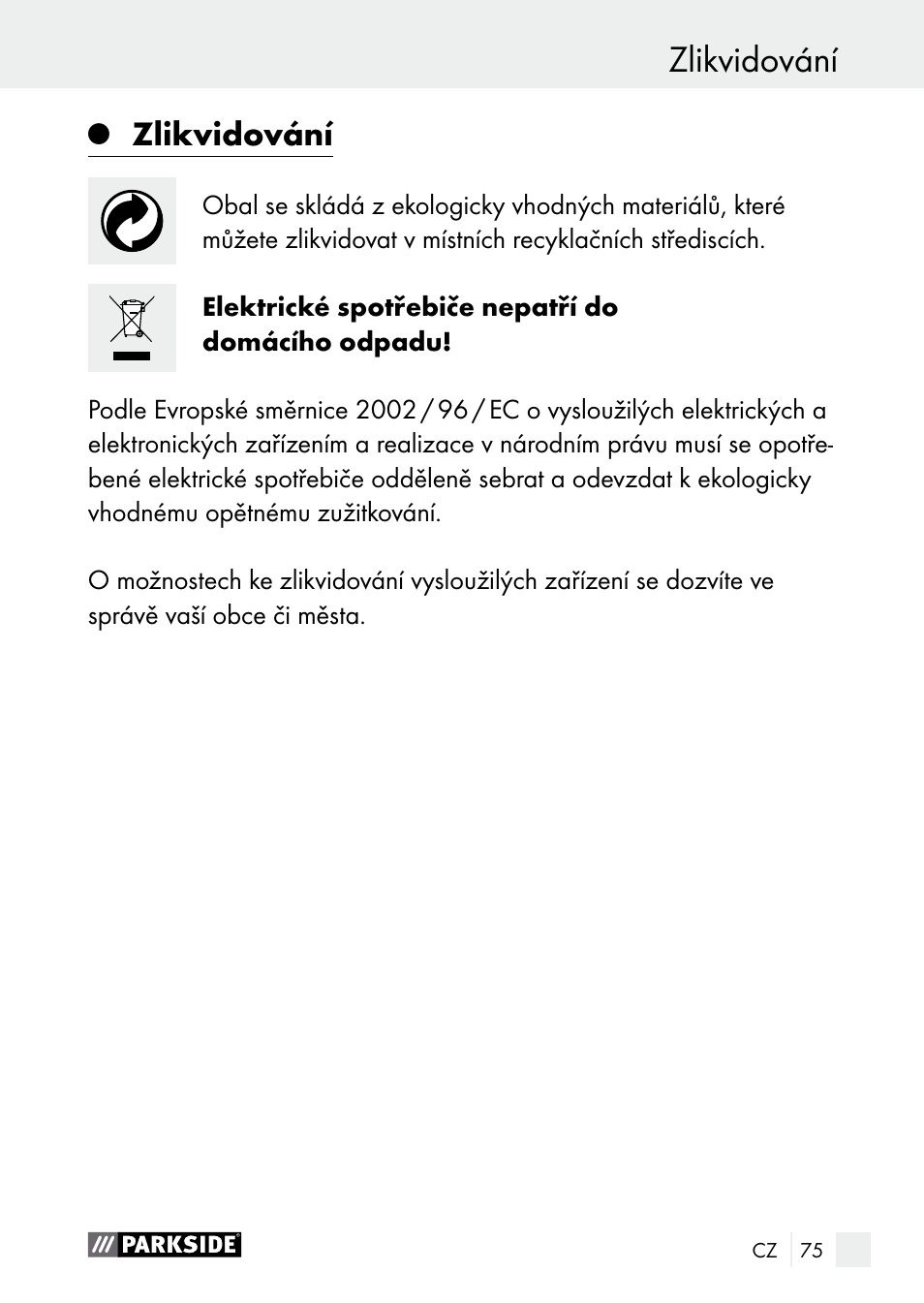 Záruka zlikvidování, Zlikvidování | Parkside PLBS 30 A1 User Manual | Page 75 / 105