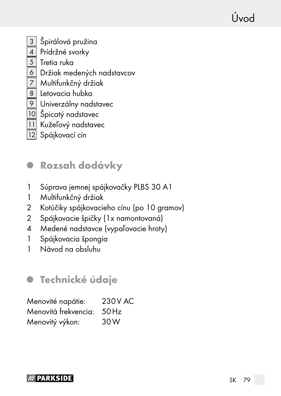 Úvod, Rozsah dodávky, Technické údaje | Parkside PLBS 30 A1 User Manual | Page 79 / 105