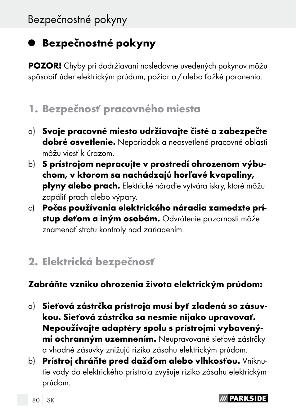 Bezpečnostné pokyny, Bezpečnosť pracovného miesta, Elektrická bezpečnosť | Parkside PLBS 30 A1 User Manual | Page 80 / 105