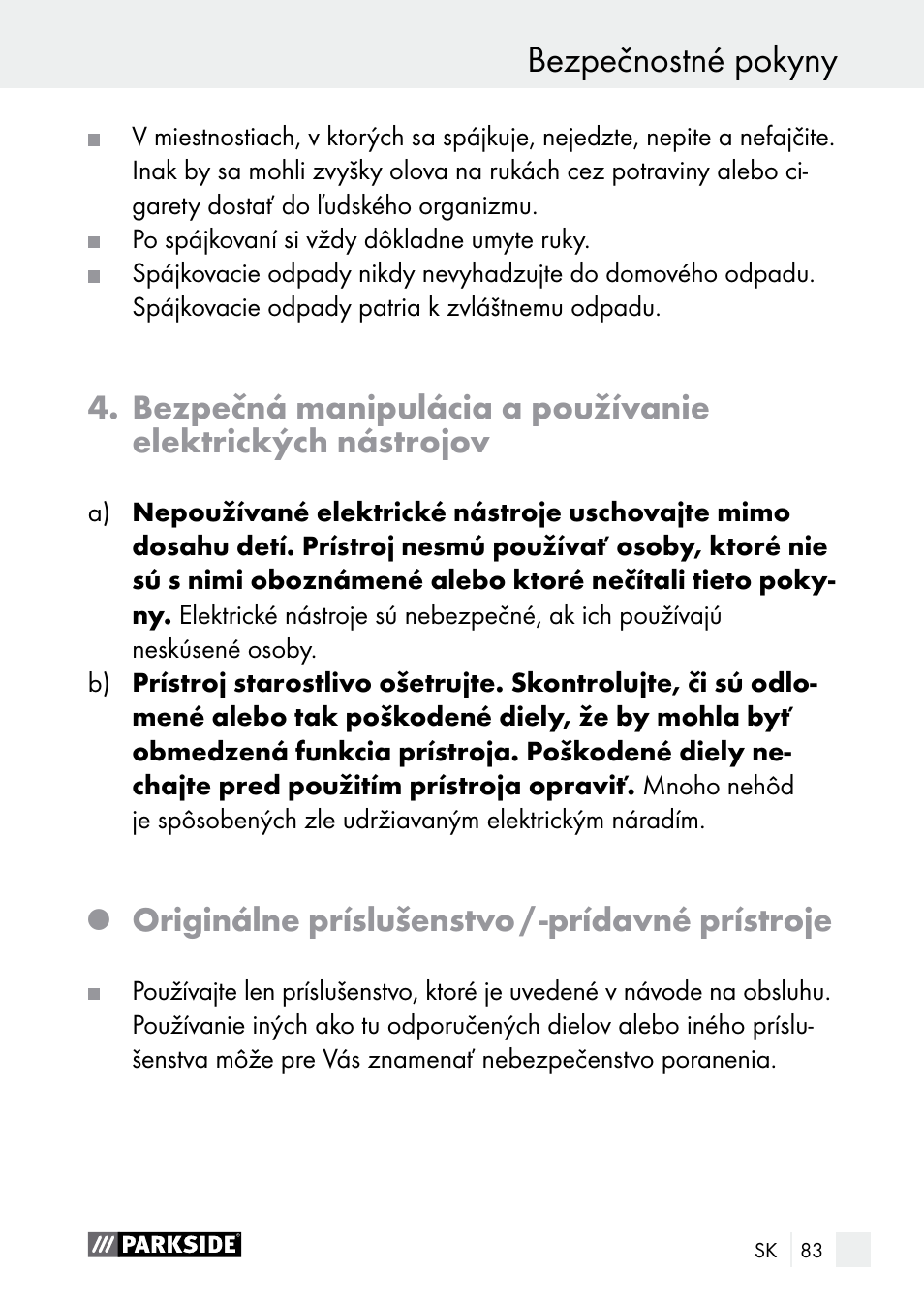 Bezpečnostné pokyny, Originálne príslušenstvo / ­prídavné prístroje | Parkside PLBS 30 A1 User Manual | Page 83 / 105