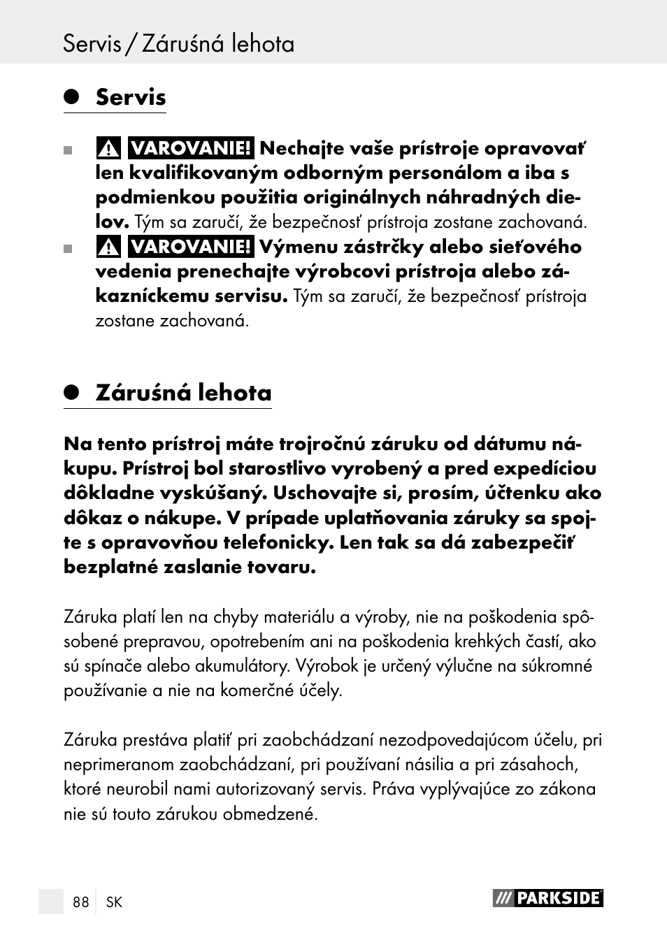 Servis / záruśná lehota, Záruśná lehota / likvidácia, Servis | Záruśná lehota | Parkside PLBS 30 A1 User Manual | Page 88 / 105