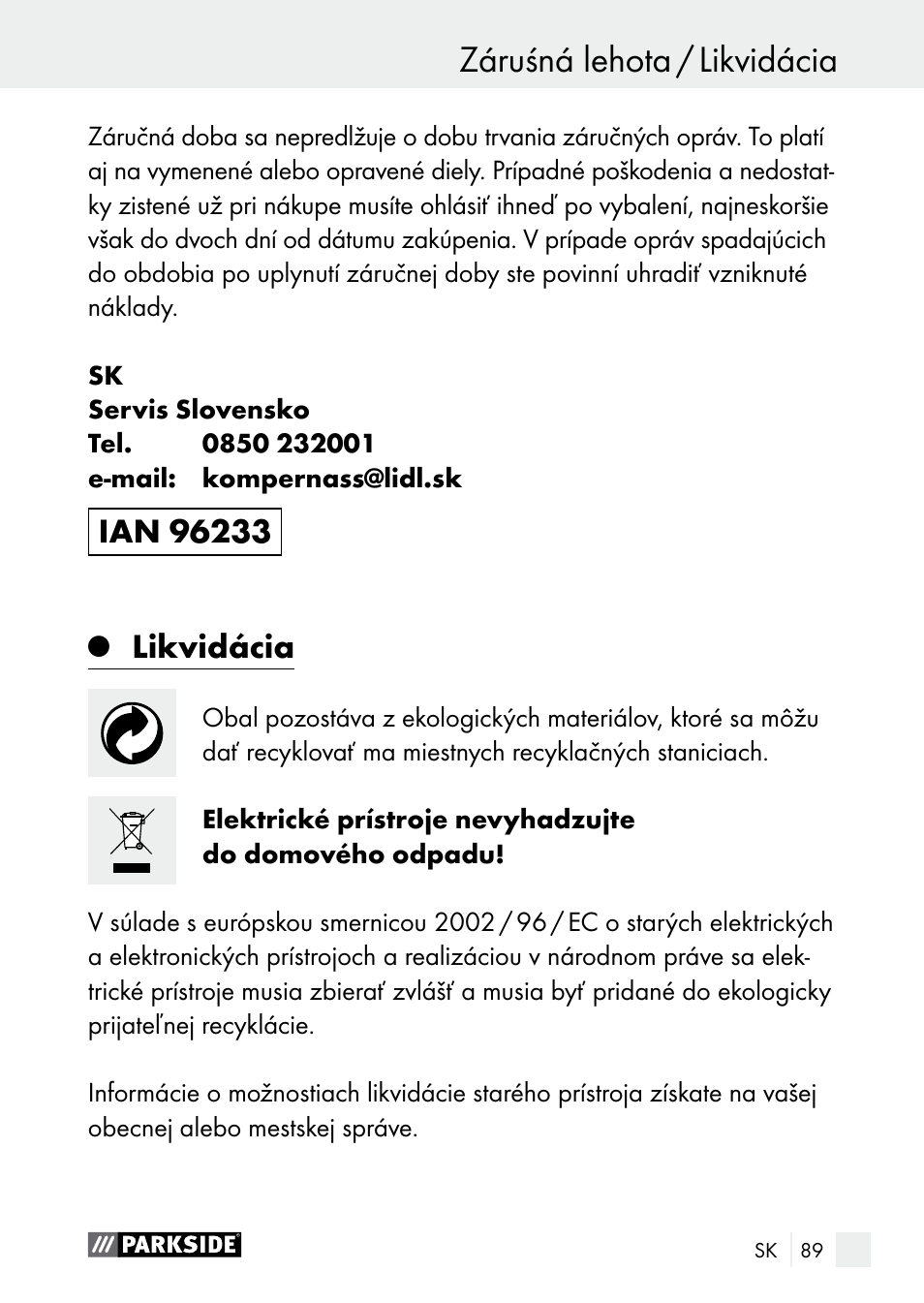Likvidácia | Parkside PLBS 30 A1 User Manual | Page 89 / 105