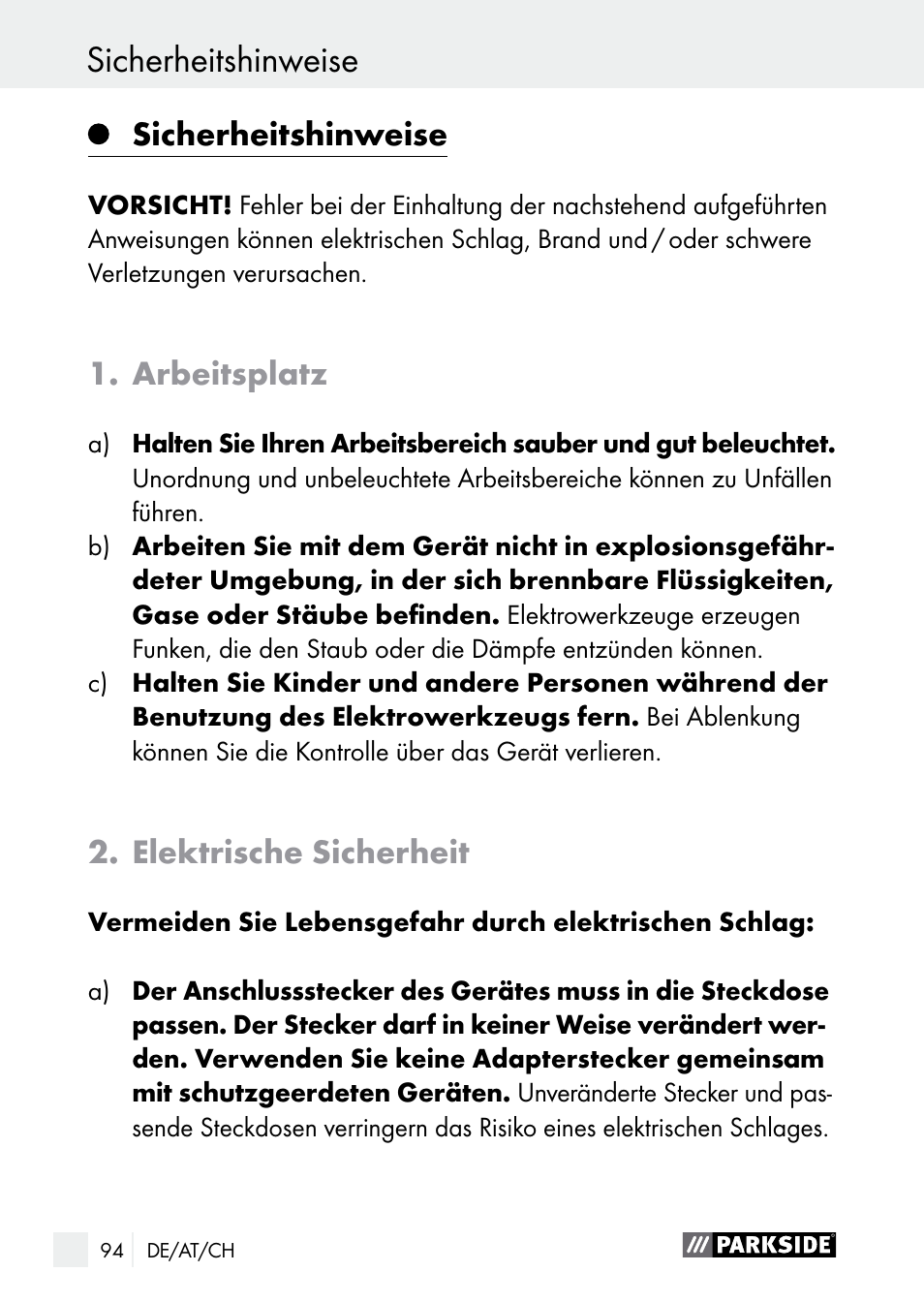 Sicherheitshinweise, Arbeitsplatz, Elektrische sicherheit | Parkside PLBS 30 A1 User Manual | Page 94 / 105
