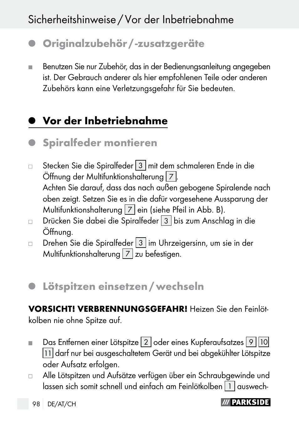 Sicherheitshinweise / vor der inbetriebnahme, Originalzubehör / ­zusatzgeräte, Vor der inbetriebnahme | Spiralfeder montieren, Lötspitzen einsetzen / wechseln | Parkside PLBS 30 A1 User Manual | Page 98 / 105